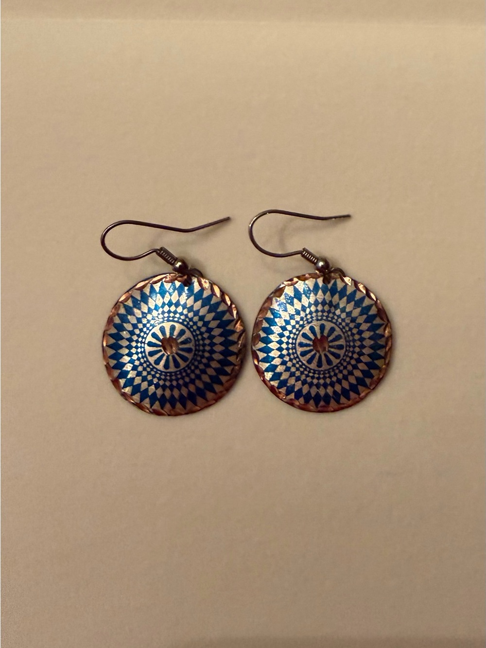 Blue and Copper Round Patterned Dangling Earrings